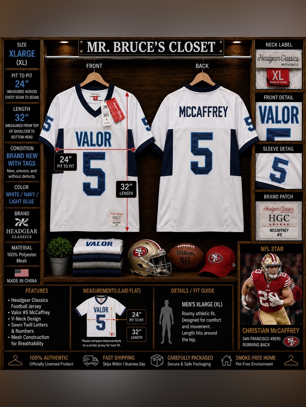 Headgear Classics Valor #5 White/Navy Football Jersey